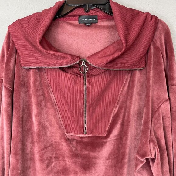 Summersalt Velvet Top Womens Large  Dark Dusty Pink Funnel Zip Neck Long Sleeve - Picture 2 of 11